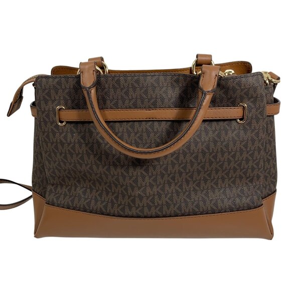 Michael Kors Reed Large Belted Satchel Bag Purse Brown MK Signature Logo FLAW - Picture 6 of 16